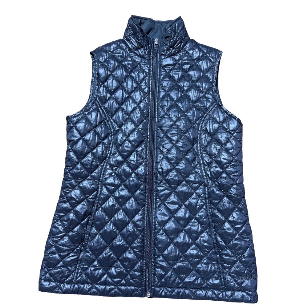 Izod Womens XS Black Shiny Diamond Sleeveless Full Zip Puffer Vest